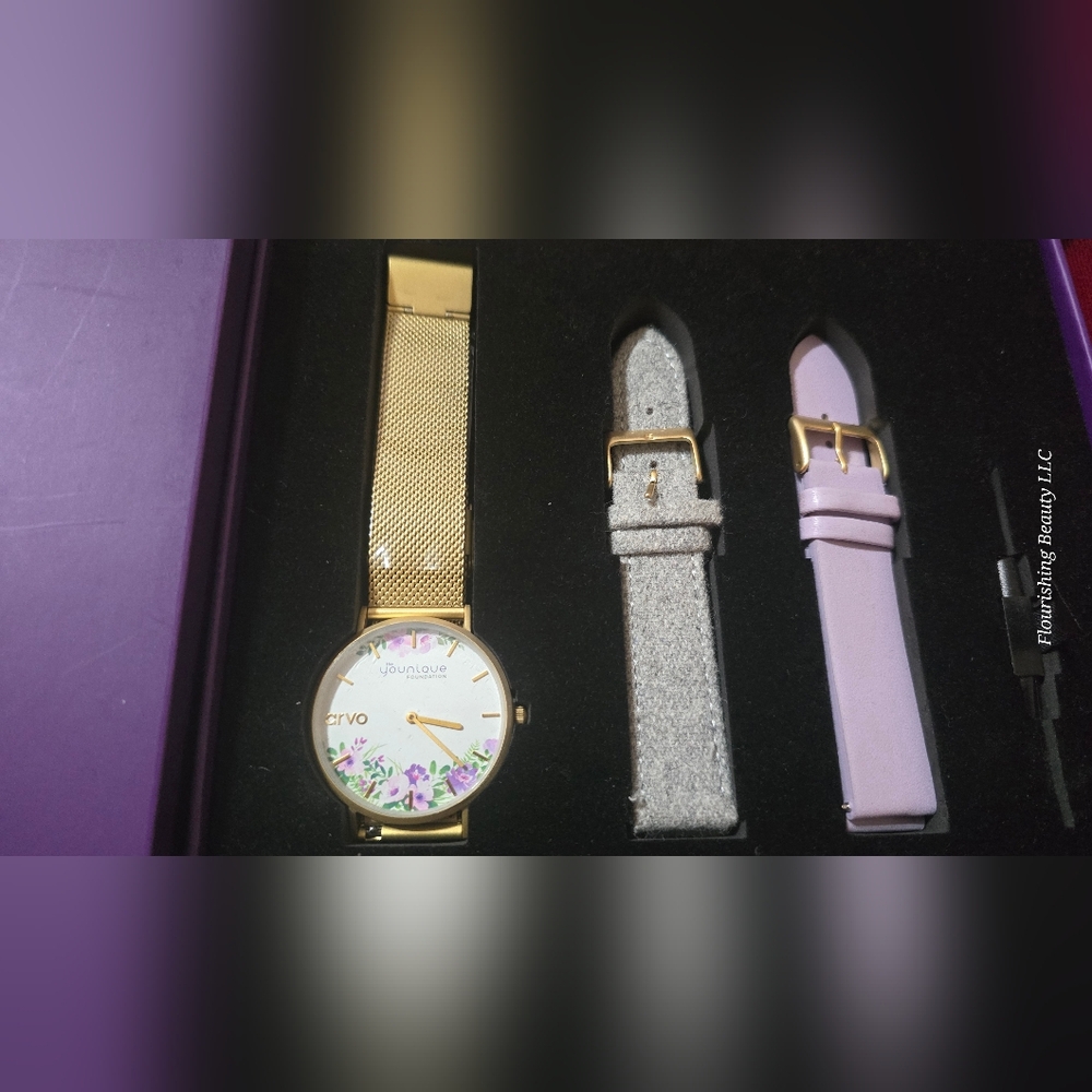 Younique Gold Watch with Floral Dial and Strap Set